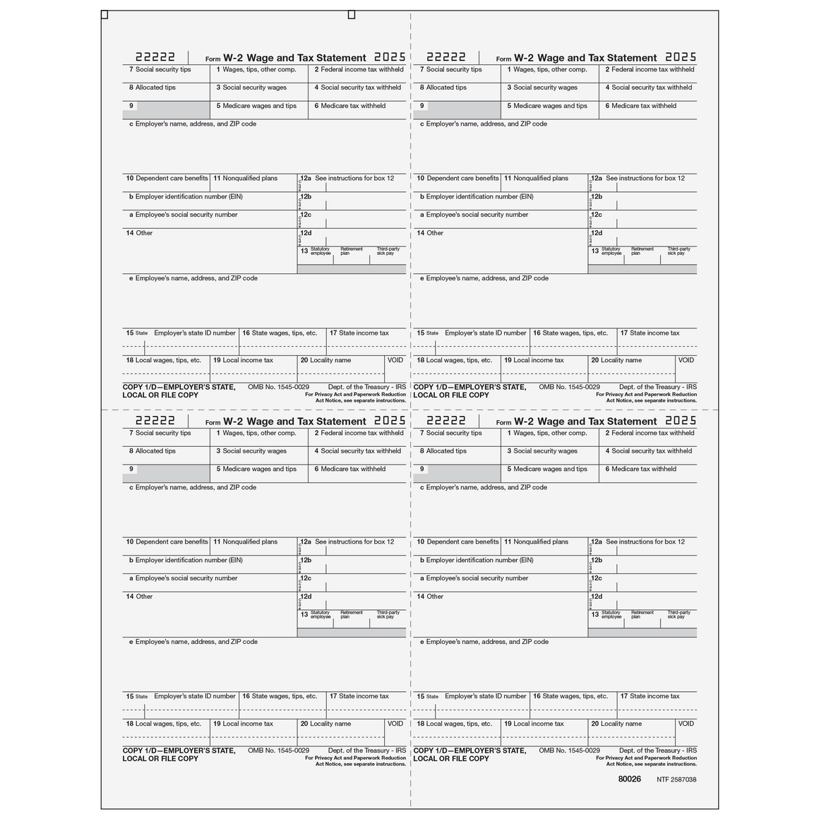 W-2 Employer 4up Quad Copies 1/D