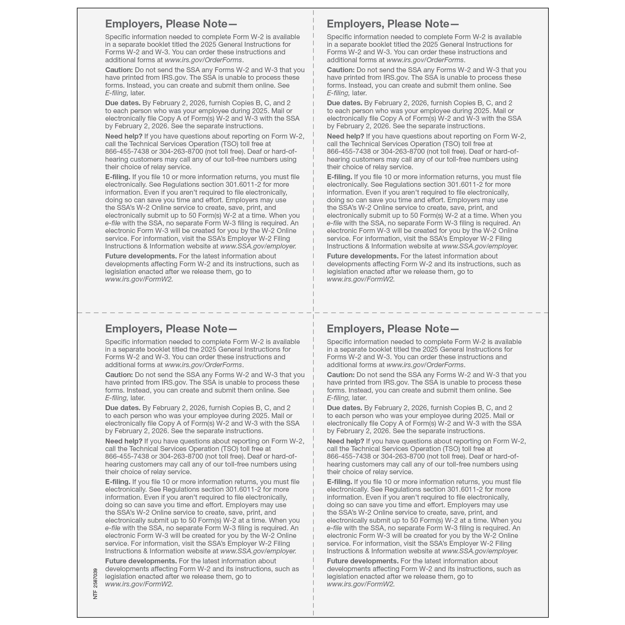 W-2 Employer 4up Quad Copies 1/D (order in increments of 50)