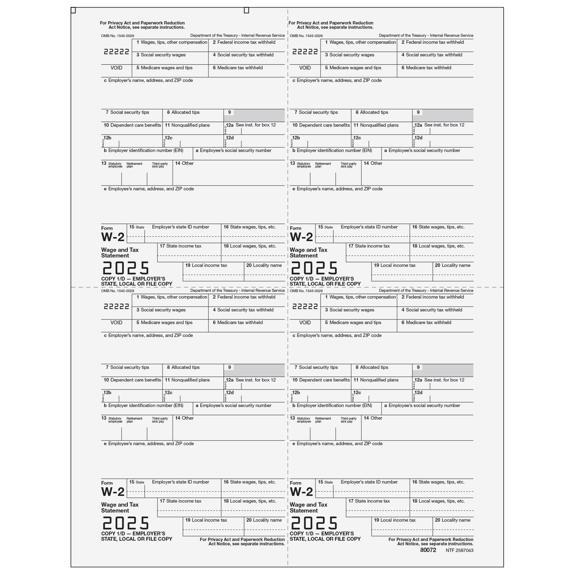 W-2 Employer 4up Quad Copies 1/D (order in increments of 50)