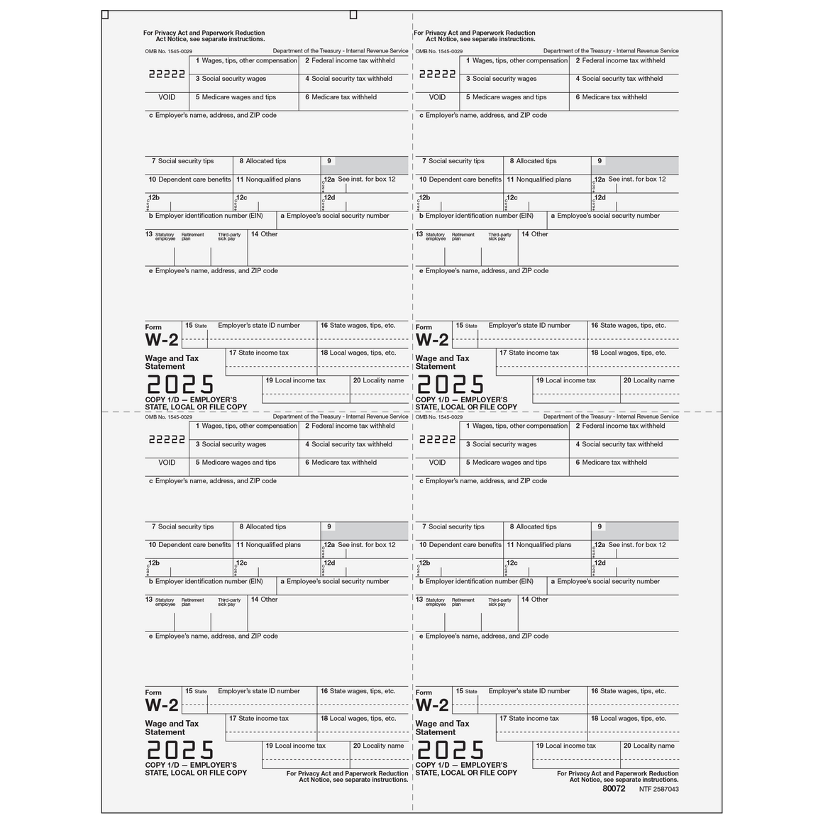 W-2 Employer 4up Quad Copies 1/D (order in increments of 50)