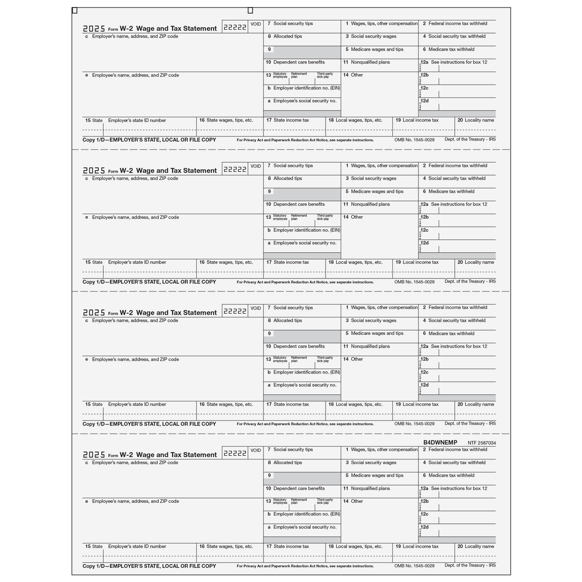 W-2 Employer 4up Horizontal Copies 1/D
