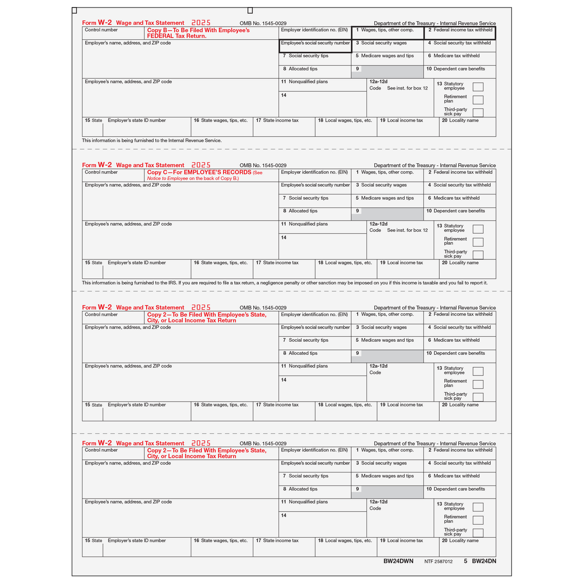 W-2 Employee 4up Horizontal Copies B/C/2/2