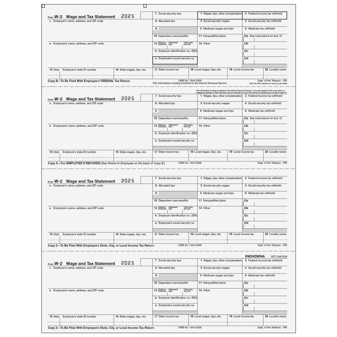 W-2 Employee 4up Horizontal Copies B/C/2/2