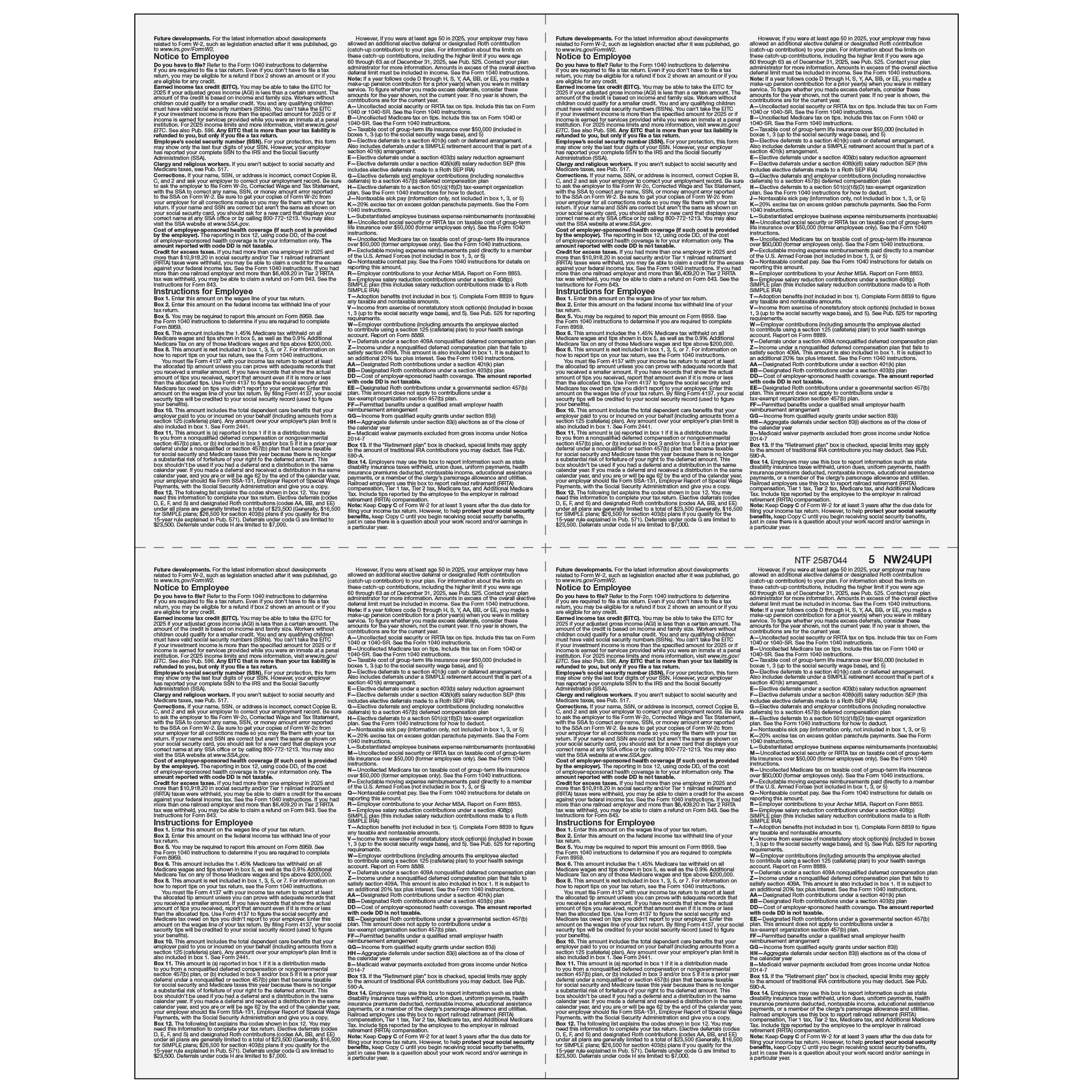 W-2 Employer 4up Quad Copies State/File