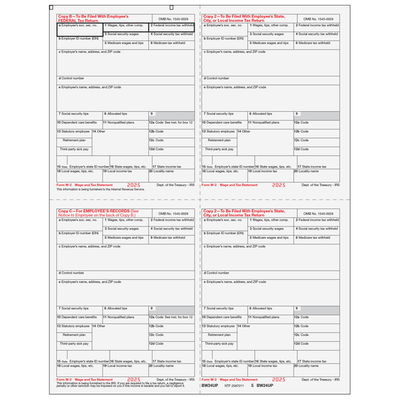 W-2 Employee 4up Quad Copies B/2/C/2