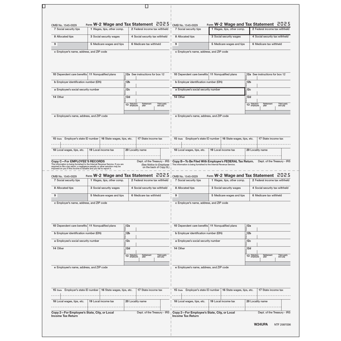 W-2 Employee 4up Quad Copies C/B/2/2