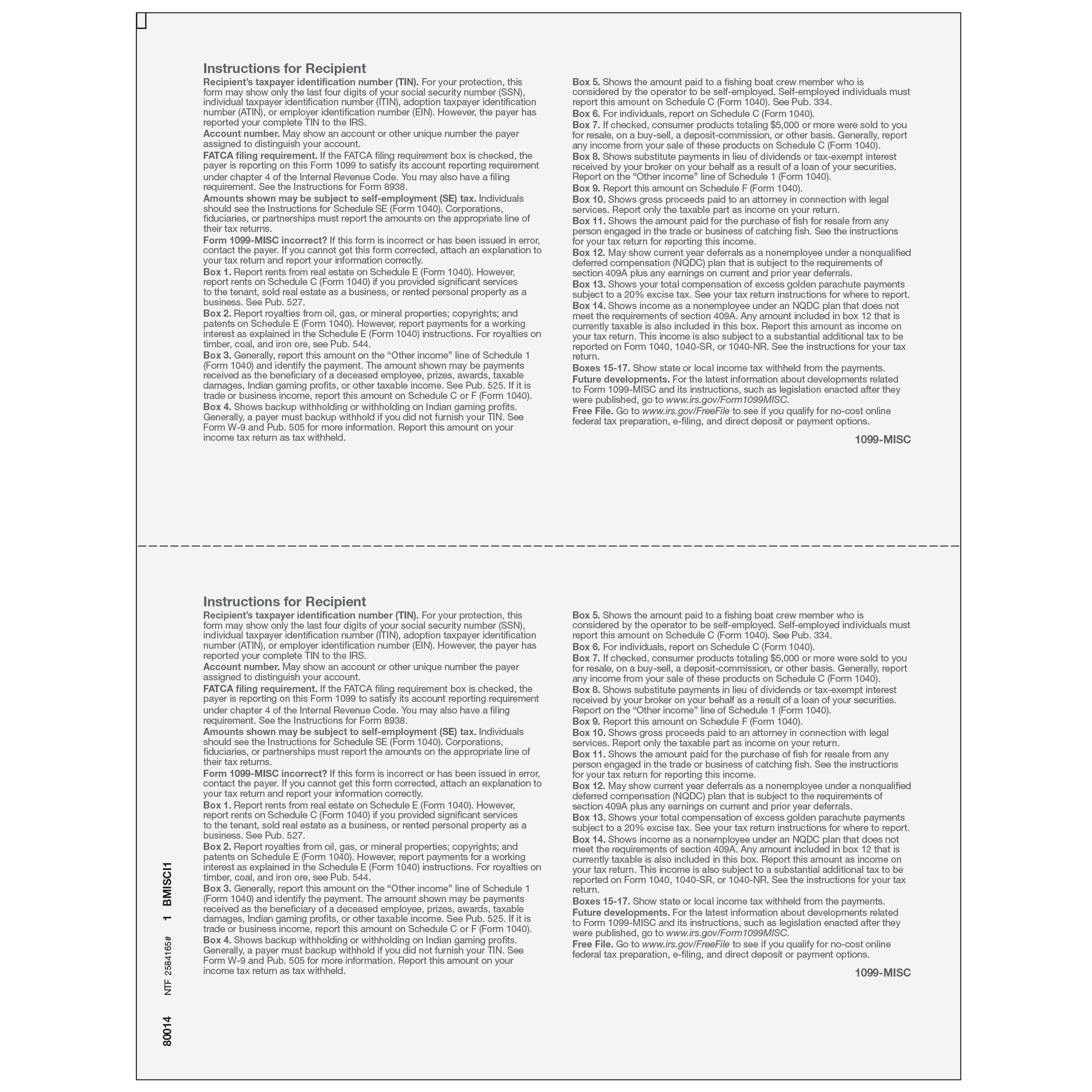 2up Blank Laser Paper w/ 1099-MISC instructions on both panels