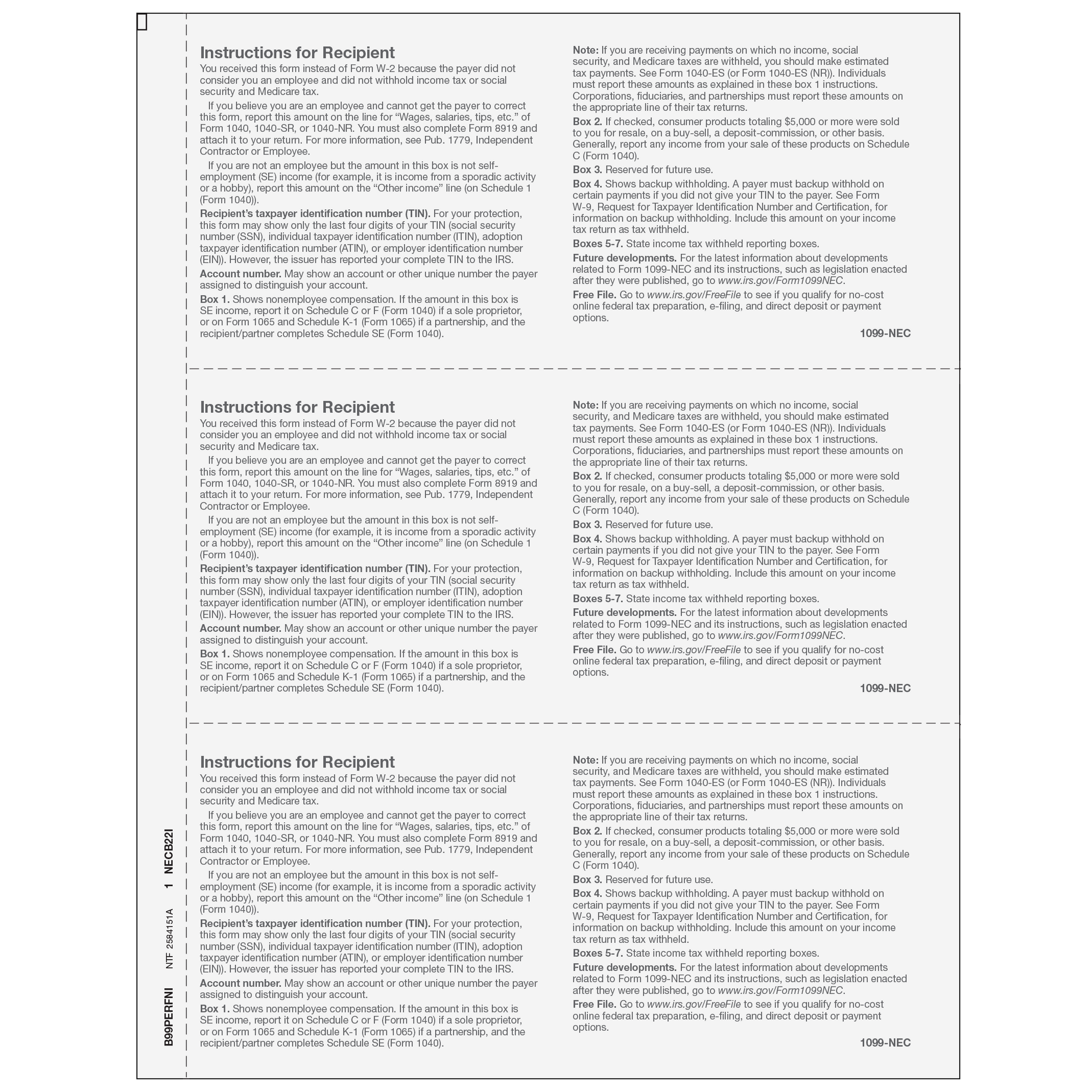 3up Blank Laser Paper w/ 1/2" side perf & 1099-NEC instructions